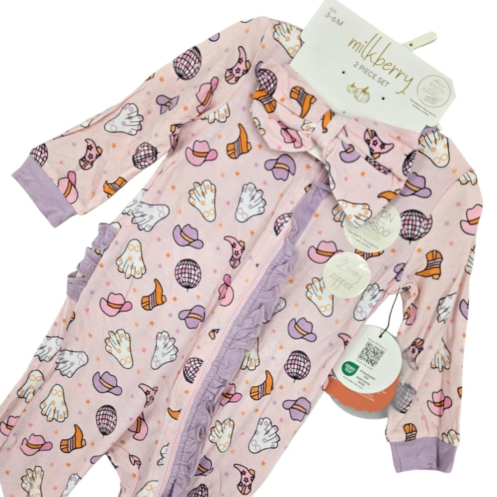 Milkberry NWT 3-6M Bamboo Romper Set Baby Girl Western Disco Ghost Pink Purple